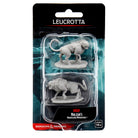 D&D Nolzur's Marvelous Miniatures: Leucrotta - Two unpainted gray plastic miniatures of a Leucrotta creature with muscular bodies and curled tails, displayed in clear.