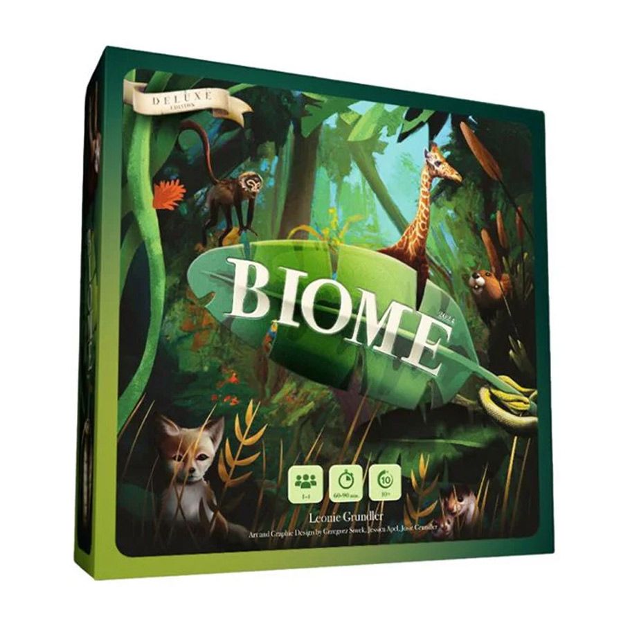 Biome Deluxe - Square board game box with jungle-themed artwork featuring animals like a giraffe, fox, and birds, titled Biome in large.