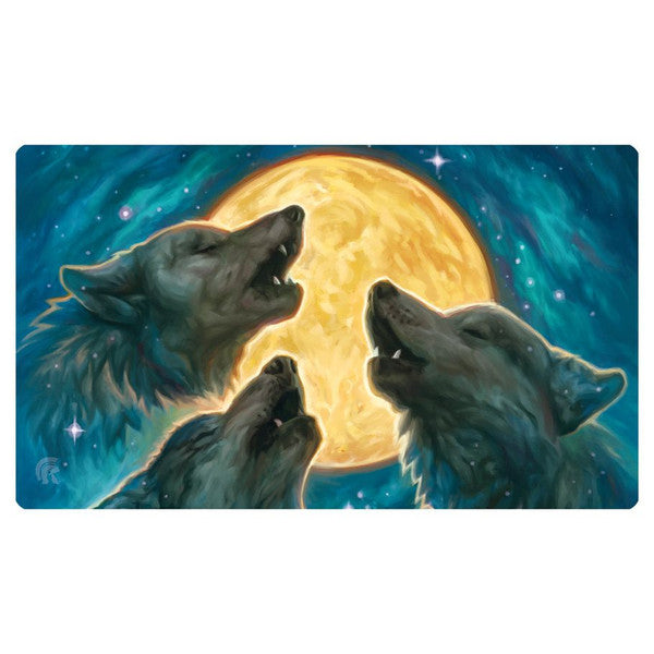 Playmat: 3 Wolf Moon - Rectangular playmat featuring three howling wolves in shades of gray and black against a glowing full moon and a starry blue