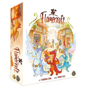 Flamecraft - Flamecraft board game box featuring colorful dragons and a lively fantasy village scene.