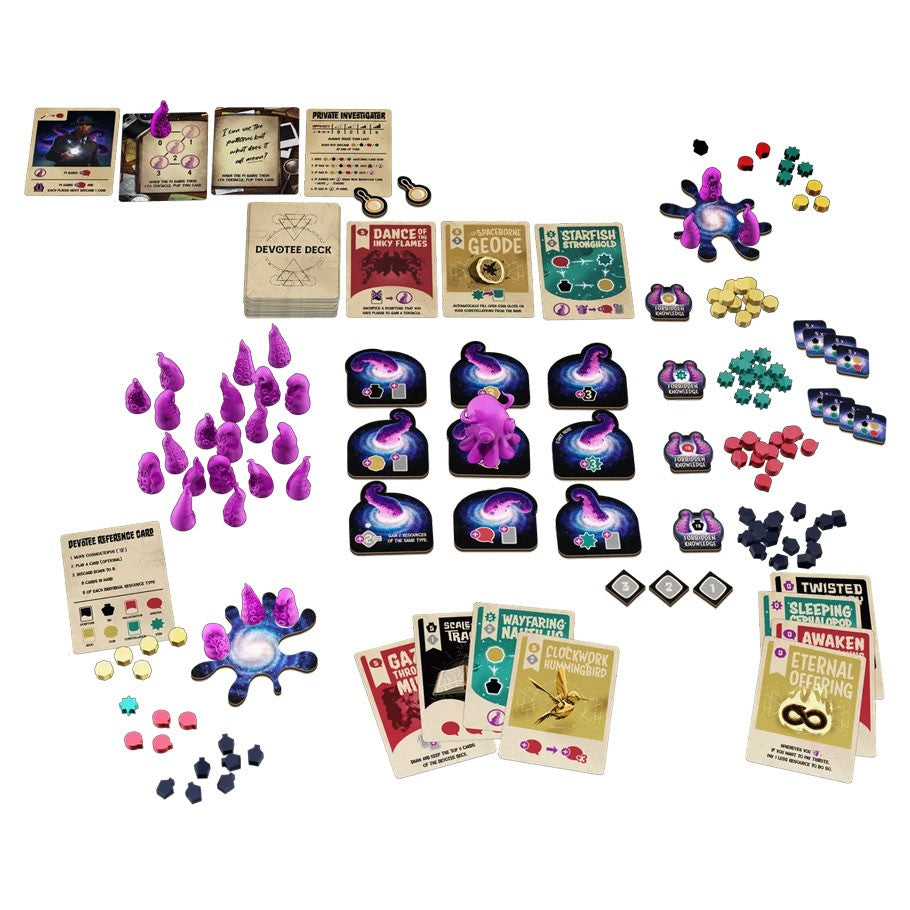 Cosmoctopus - Cosmoctopus board game components with purple octopus figure, colorful tokens, cards, and game boards arranged on white.