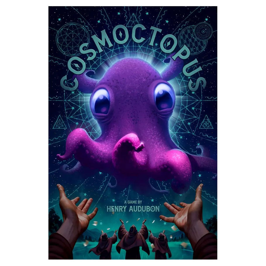 Cosmoctopus - Purple octopus with large eyes floating in a cosmic space background with hands reaching up.