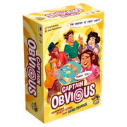 Captain Obvious - Yellow rectangular box for Captain Obvious party game featuring cartoon characters playing cards around a table.