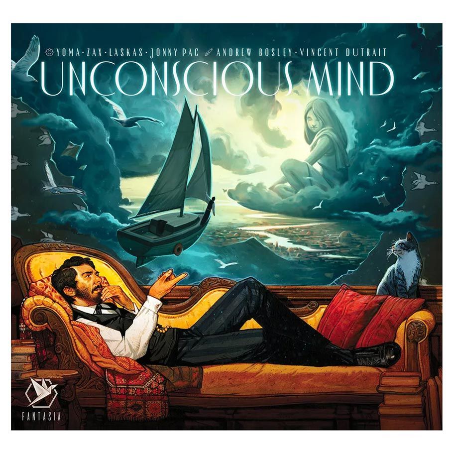 Unconscious Mind - Surreal artwork depicting man reclining on ornate couch with sailboat, glowing girl, birds, and dog in dreamlike seascape.