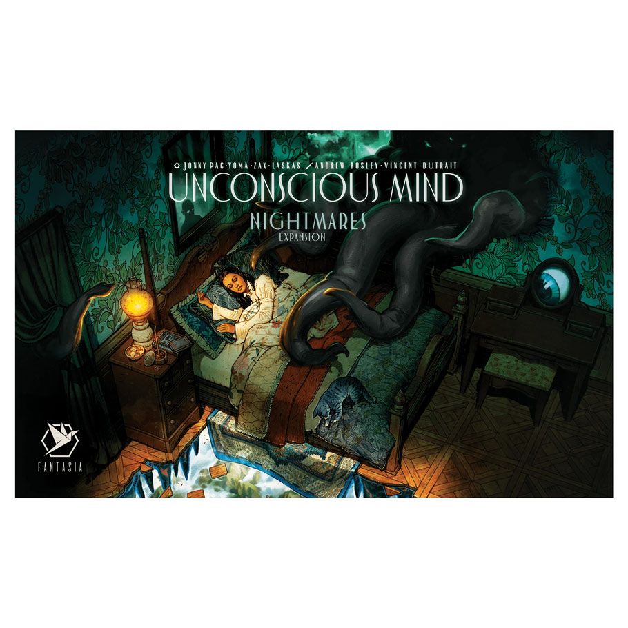 Unconscious Mind : Nightmares Expansion - Board game box cover featuring a dark bedroom with a person in bed, shadowy tentacles reaching toward them, and eerie blue.