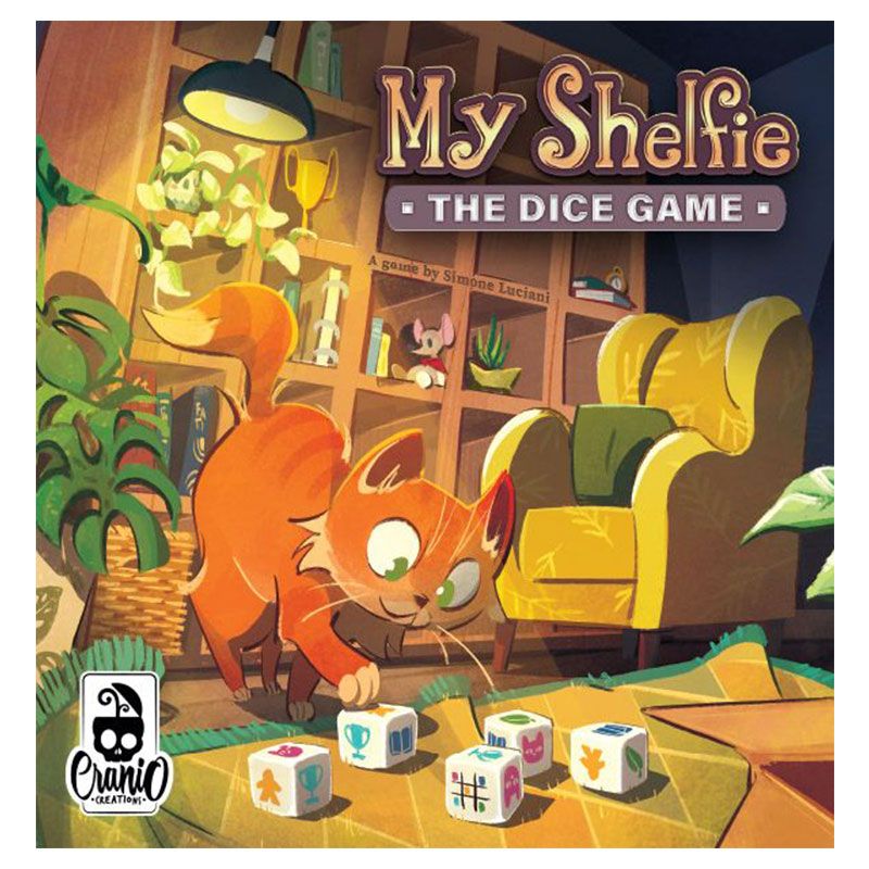 My Shelfie: The Dice Game - The Dice Game featuring an orange cat playing with illustrated dice in a cozy, plant-filled room.