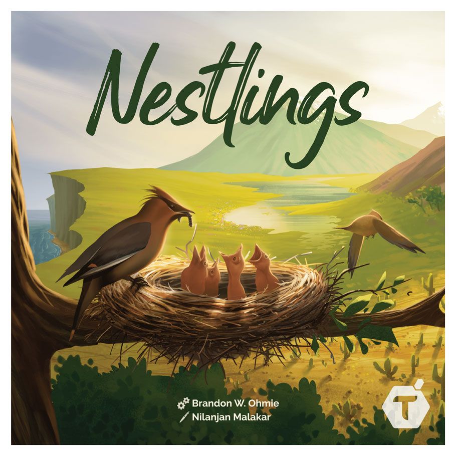Nestlings - Square board game box with an illustration of a bird feeding three chicks in a nest against a green and yellow landscape.