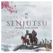 Senjutsu: Battle for Japan - Board game box with samurai warriors on horseback against a misty mountain landscape and cherry blossom petals falling.