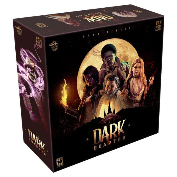 The Dark Quarter - Dark Quarter board game box featuring four diverse characters with intense expressions, one holding a torch, set against a.