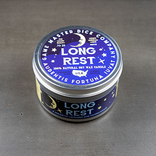 Long Rest Gaming Candle - Blue metal tin candle labeled Long Rest with moon and star graphics, natural soy wax, and decorative white and gold.