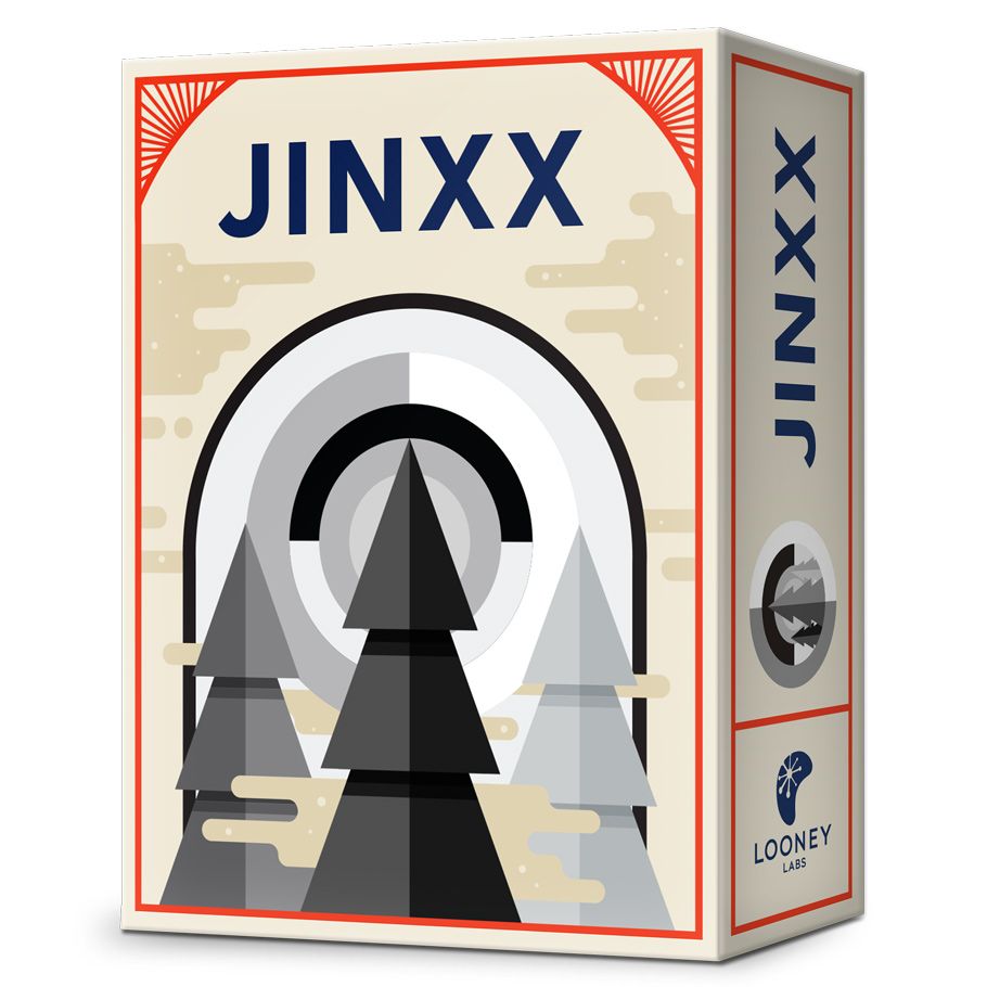 Jinxx - Jinxx strategy game box with black, gray, and white arrow design on beige background and red border accents.