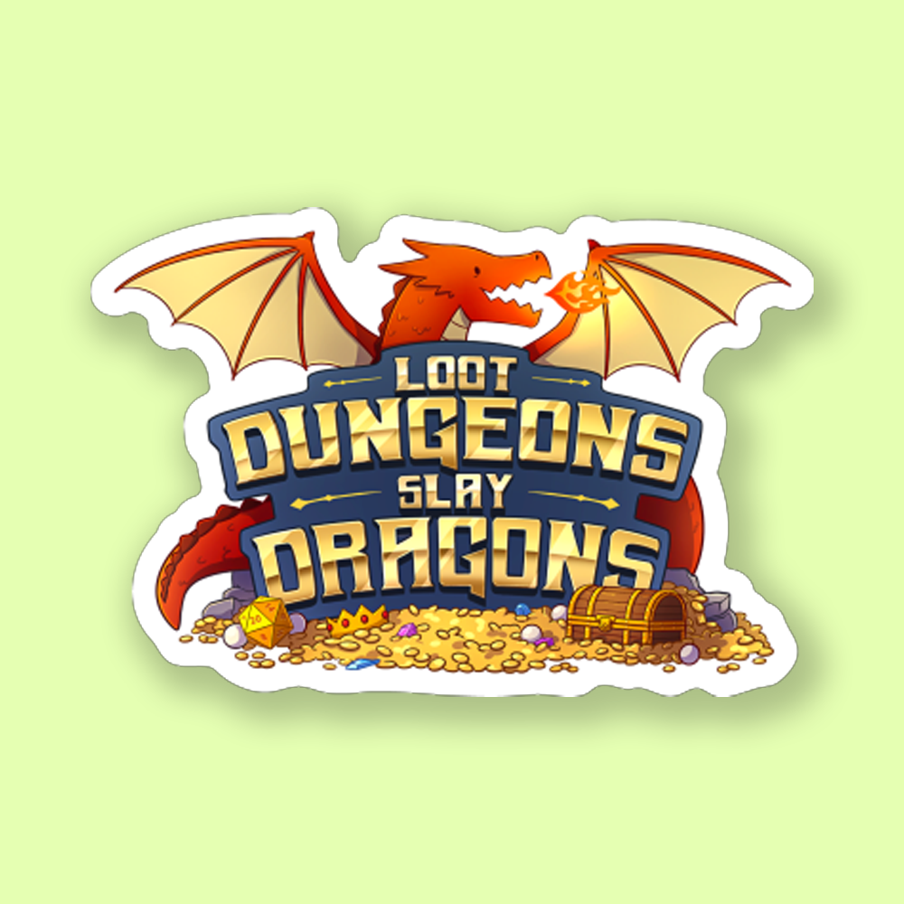 Loot Dungeons Slay Dragons DnD Sticker - Colorful die-cut sticker featuring an orange dragon breathing fire above a gold coin pile and treasure chests with bold text