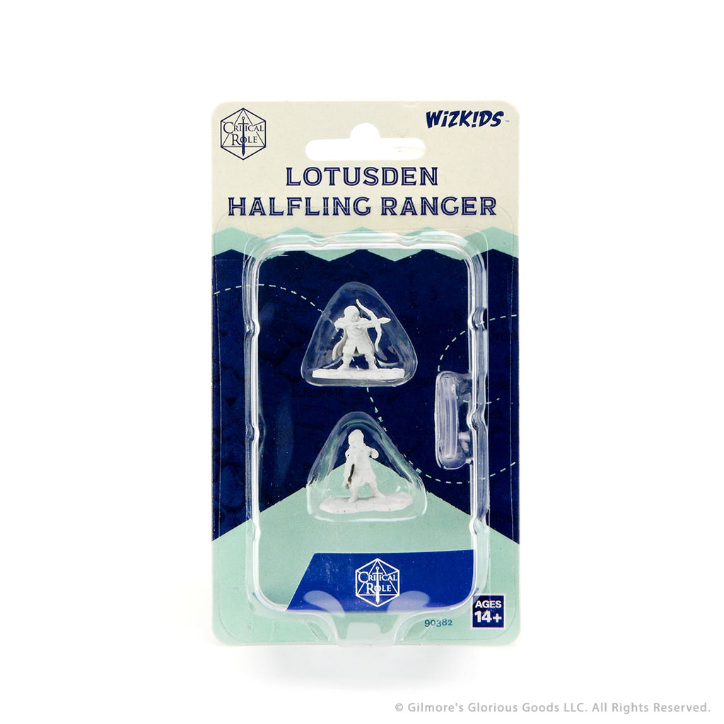 Critical Role Mini: Lotusden Halfling Ranger Male - Critical Role Mini Lotusden Halfling Ranger Male unpainted plastic figure in blister pack with card backing.