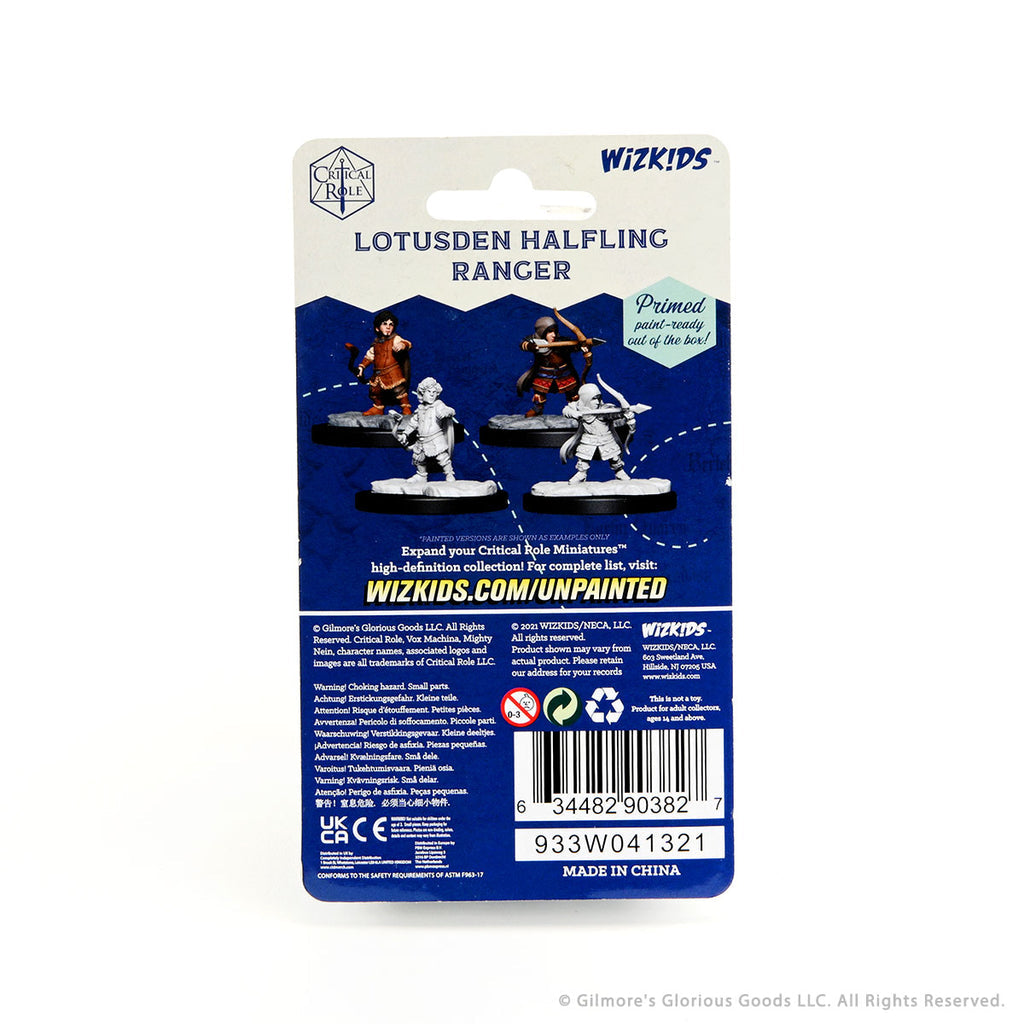 Critical Role Mini: Lotusden Halfling Ranger Male - Unpainted Lotusden Halfling Ranger male miniature with bow and dagger on round base.