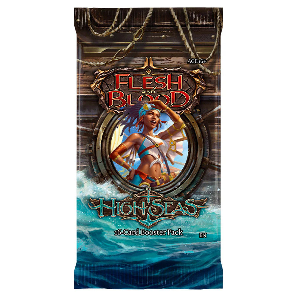 Flesh and Blood: High Seas Booster Pack - Flesh and Blood High Seas booster pack with pirate woman illustration in round porthole, dark wooden plank background, and.