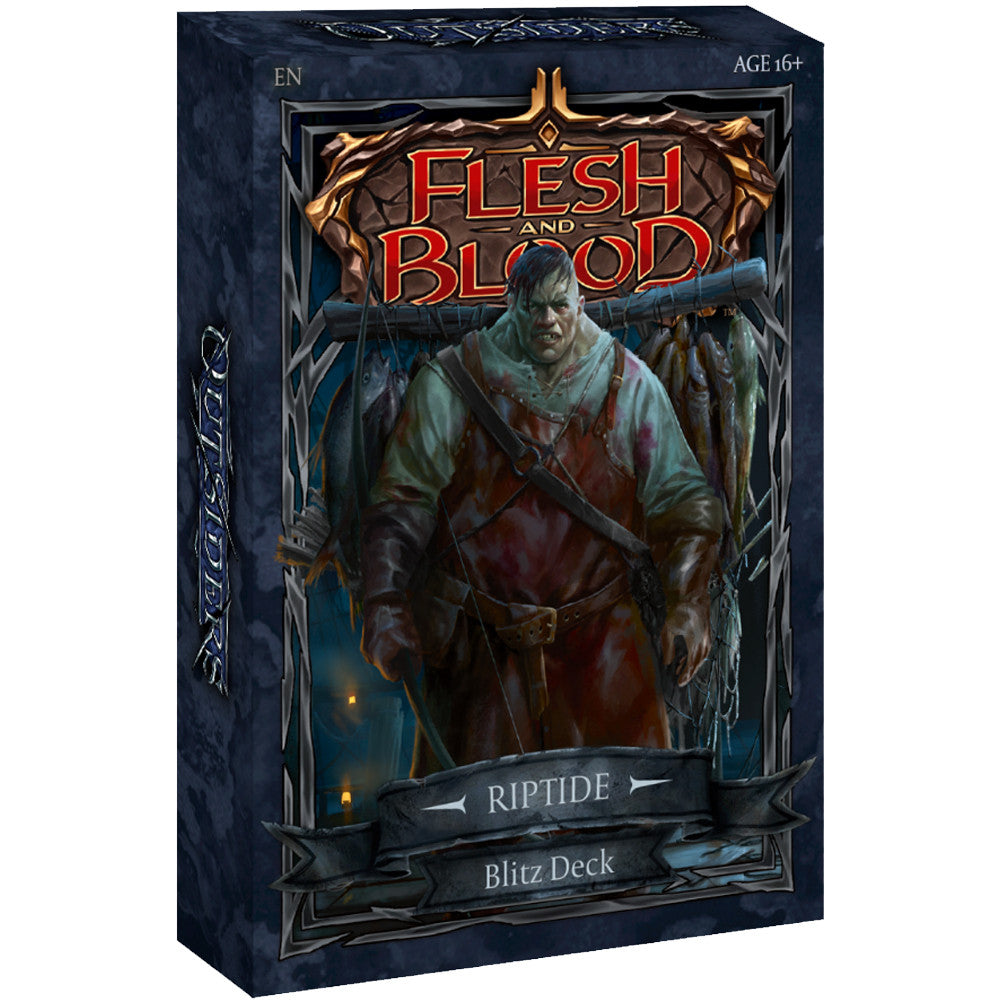 Flesh and Blood - Outsiders - Blitz Deck - Riptide - Flesh and Blood Outsiders Blitz Deck Riptide box featuring armored character with bloodstained clothes and dark fantasy.