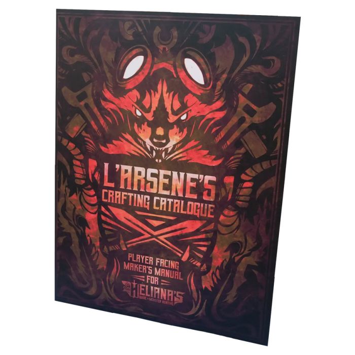Heliana's Guide to Monster Hunting: L'Arsène's Crafting Catalogue - Dark fantasy-themed book cover with red and orange fiery illustration, stylized mask, and bold text "L'Arsène's Crafting.