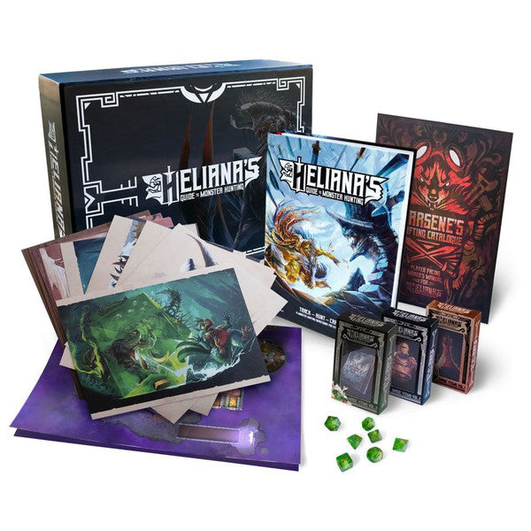 Heliana's Guide to Monster Hunting: Core Box (PREORDER) - Black and silver Heliana's Guide to Monster Hunting core box with colorful RPG rulebooks, art cards, dice, and character.