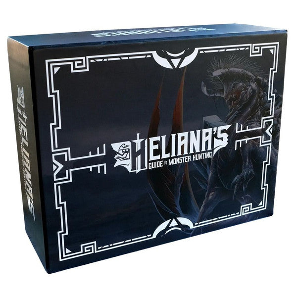 Heliana's Guide to Monster Hunting: Core Box (PREORDER) - Dark blue rectangular game box with white decorative borders and "Heliana's Guide to Monster Hunting" title, featuring a.