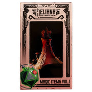 Heliana's Guide to Monster Hunting: Item Cards Vol. 1 - Rose gold metallic card box with black geometric accents, featuring a stylized volcano illustration and "Heliana's Guide to.