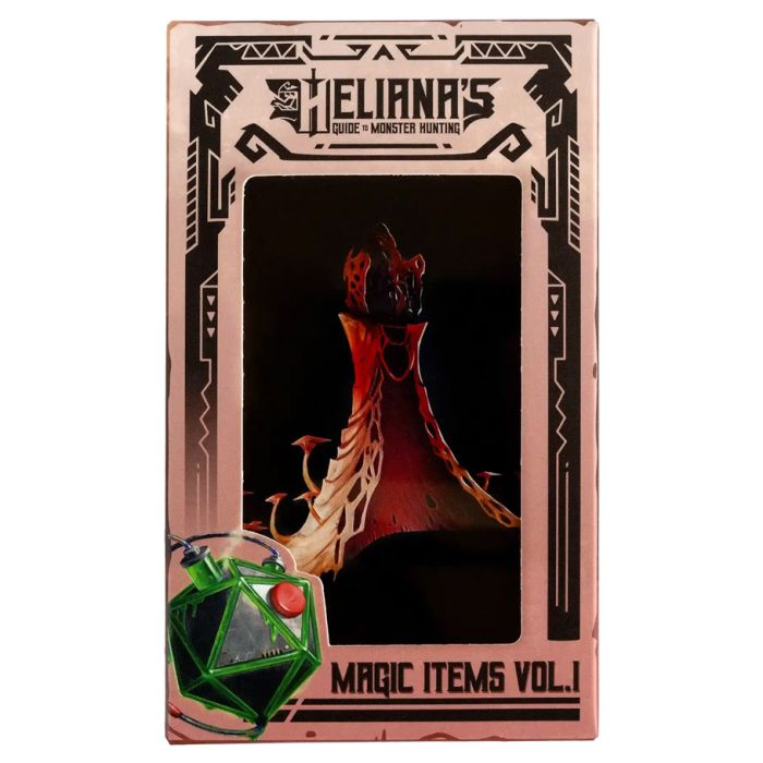 Heliana's Guide to Monster Hunting: Item Cards Vol. 1 - Rose gold metallic card box with black geometric accents, featuring a stylized volcano illustration and "Heliana's Guide to.