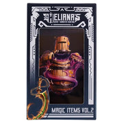 Heliana's Guide to Monster Hunting: Item Cards Vol. 2 - Dark box featuring a fantasy wooden and purple mechanical gauntlet with glowing details and a stylized bow, labeled.