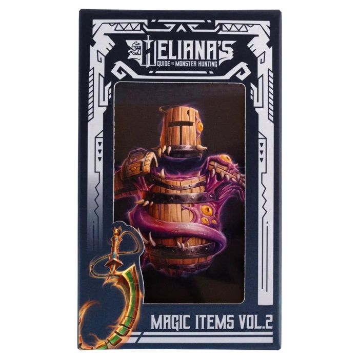Heliana's Guide to Monster Hunting: Item Cards Vol. 2 - Dark box featuring a fantasy wooden and purple mechanical gauntlet with glowing details and a stylized bow, labeled.