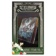 Heliana's Guide to Monster Hunting: Item Cards Vol. 3 - Rectangular card deck box featuring ornate silver and black design with a fantasy-themed illustration and text "Heliana's.