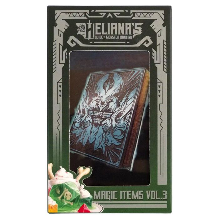 Heliana's Guide to Monster Hunting: Item Cards Vol. 3 - Rectangular card deck box featuring ornate silver and black design with a fantasy-themed illustration and text "Heliana's.