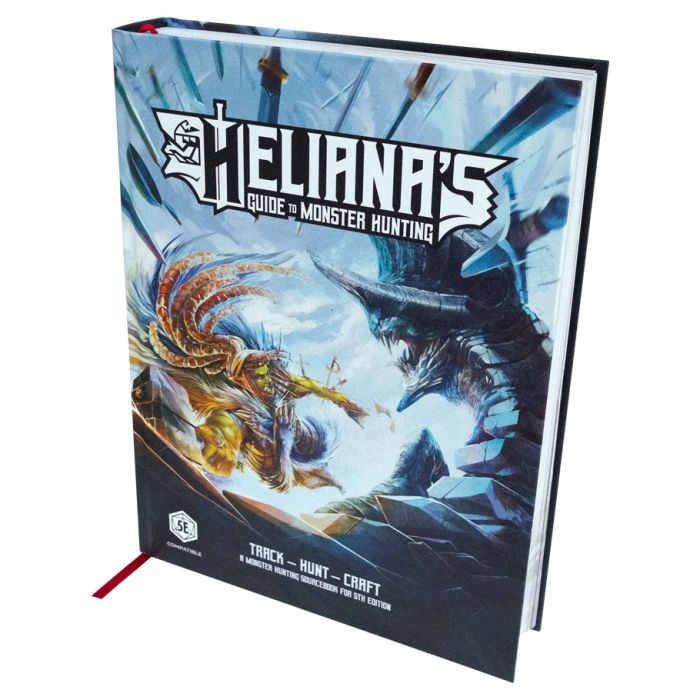 Heliana's Guide to Monster Hunting: Core Hardcover Book - Hardcover RPG book titled Heliana's Guide to Monster Hunting with dark fantasy artwork and red ribbon marker.