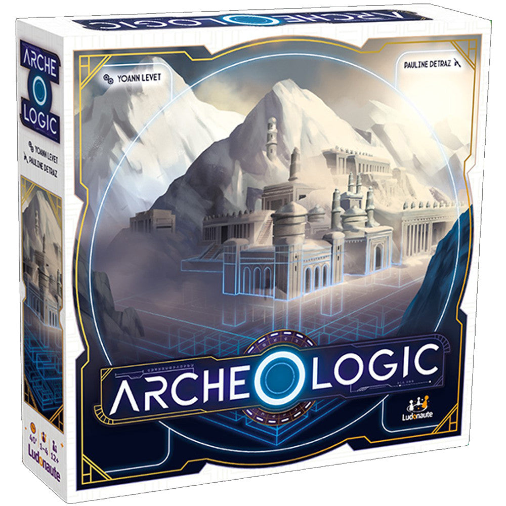 ArcheOlogic - Square board game box featuring a detailed ancient temple illustration in soft gray tones with blue and gold accents on the.