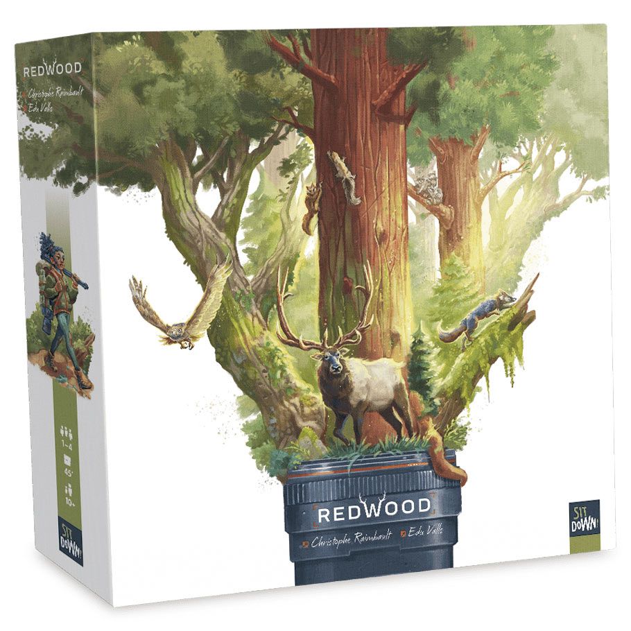 Redwood - Board game box with detailed forest artwork featuring a large redwood tree and a standing elk in natural green and brown.