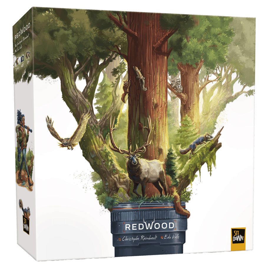 Redwood: Elk Edition - Board game box with detailed illustration of elk standing amidst tall redwood trees and birds in a forest setting.