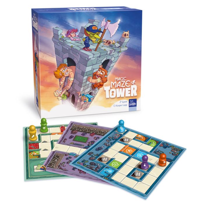 Magic Maze Tower - Magic Maze Tower board game set with colorful character pieces, illustrated game boards, and castle-themed packaging.