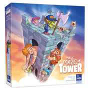 Magic Maze Tower - Colorful board game box featuring a tall stone tower with cartoon characters climbing and exploring its walls against a sky.