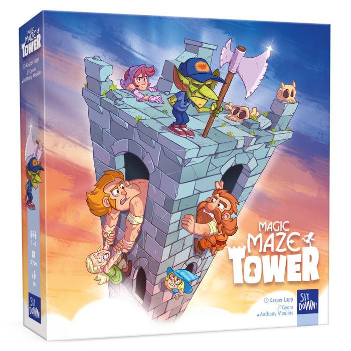 Magic Maze Tower - Colorful board game box featuring a tall stone tower with cartoon characters climbing and exploring its walls against a sky.