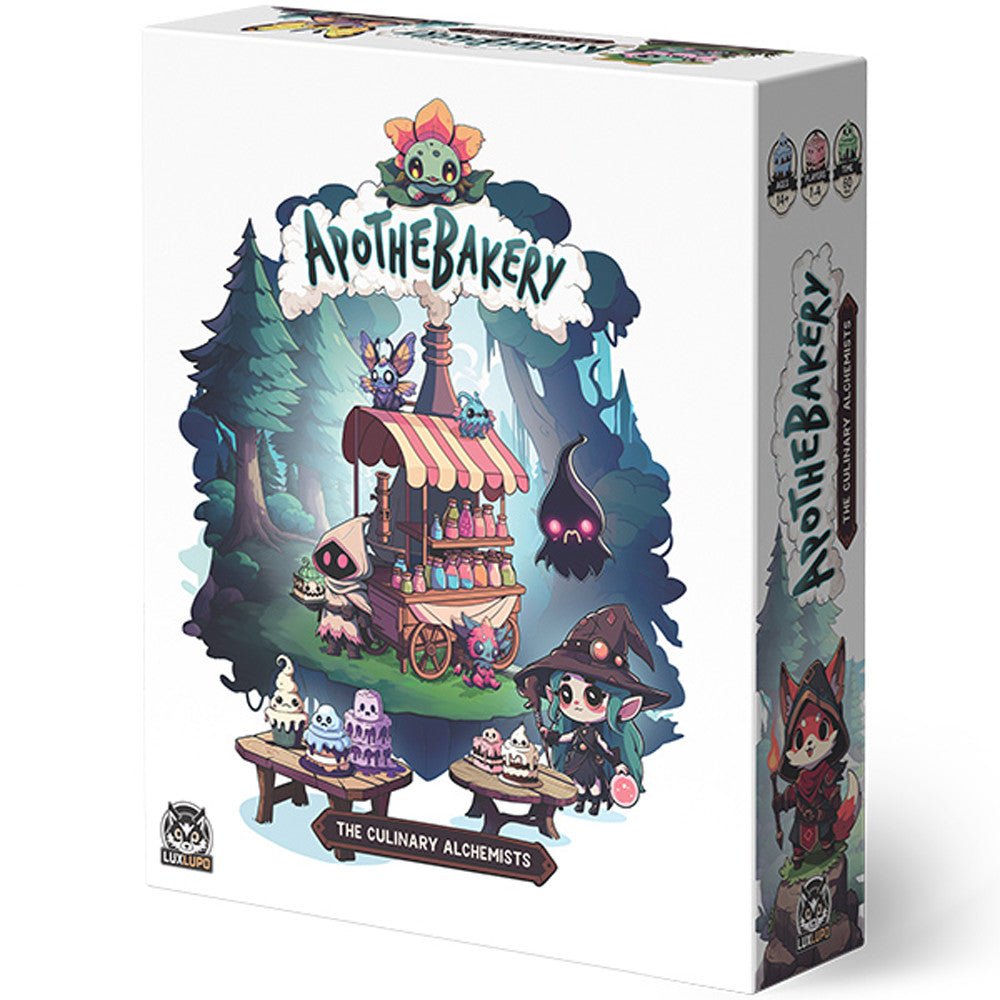 Apothebakery: The Culinary Alchemists (Deluxe) - Square game box with fantasy forest art, featuring colorful characters and a wooden cart under the Apothebakery sign.