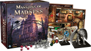 Mansions of Madness 2nd Edition - Mansions of Madness 2nd Edition board game box with detailed miniatures, cards, and game tiles displayed around it.