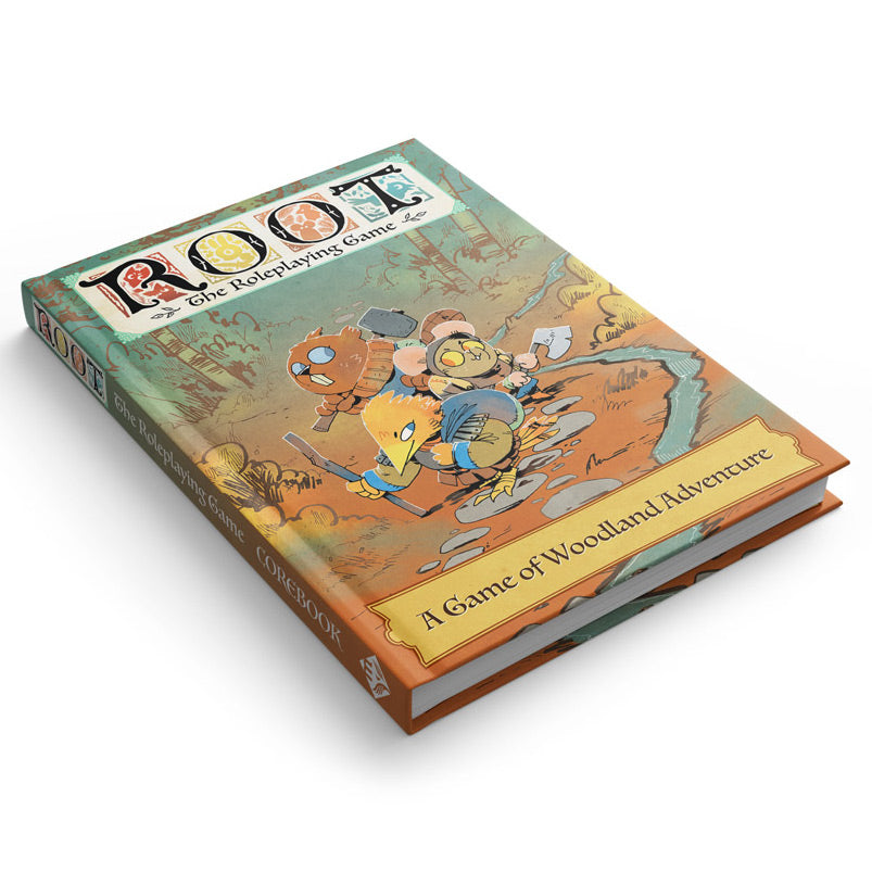 Root: The Roleplaying Game: Core Book - The Roleplaying Game" with colorful woodland creature artwork and subtitle "A Game of Woodland Adventure" on the cover.