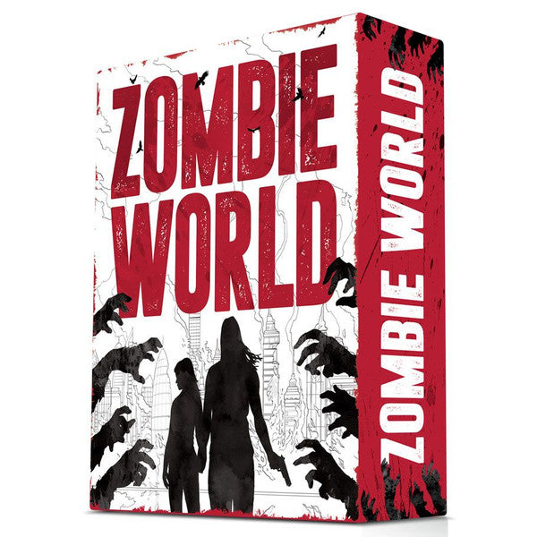 Zombie World - White and red RPG box with bold "Zombie World" title, featuring silhouettes of two figures and zombie hands reaching out.