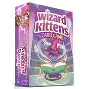 Wizard Kittens Card Game - Purple box of Wizard Kittens card game featuring a cartoon blue kitten wizard reading a glowing book with magical symbols.