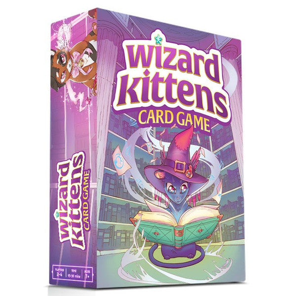 Wizard Kittens Card Game - Purple box of Wizard Kittens card game featuring a cartoon blue kitten wizard reading a glowing book with magical symbols.