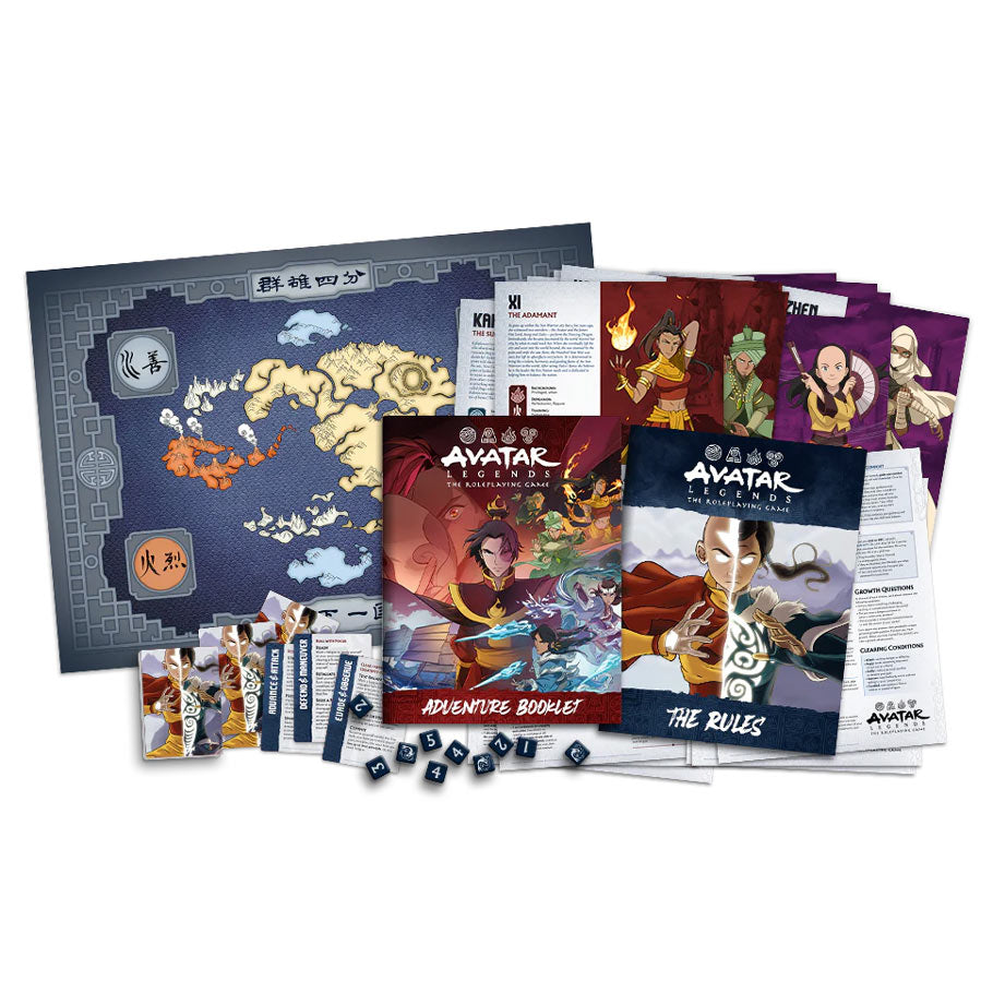 Avatar Legends: RPG Starter Set - Avatar Legends RPG Starter Set with colorful character cards, detailed world map, rulebooks, and black polyhedral dice.