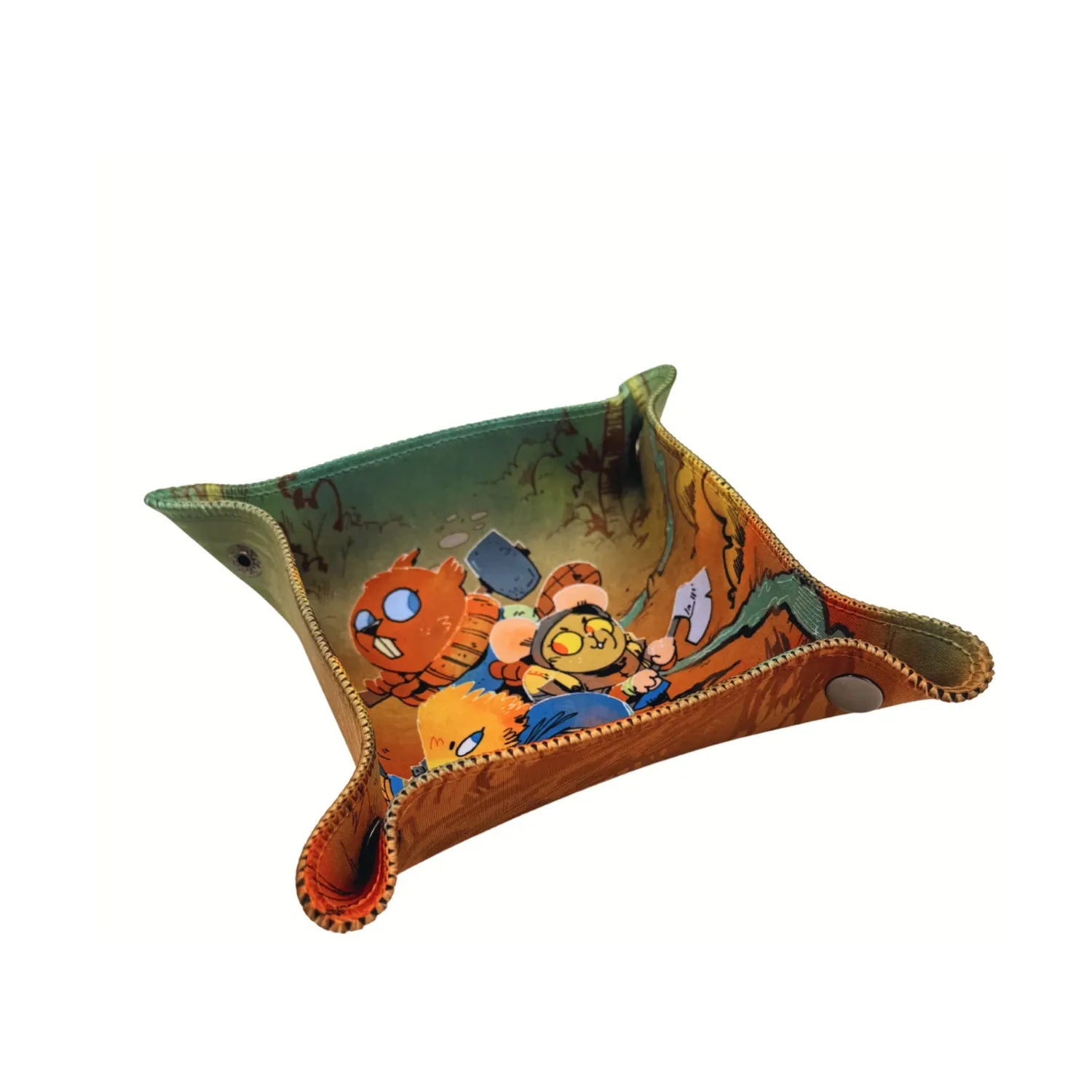 Root RPG: Ruins & Expeditions - Dice Tray - Square leather dice tray with green and orange tones, featuring colorful cartoon-style Root RPG characters inside.