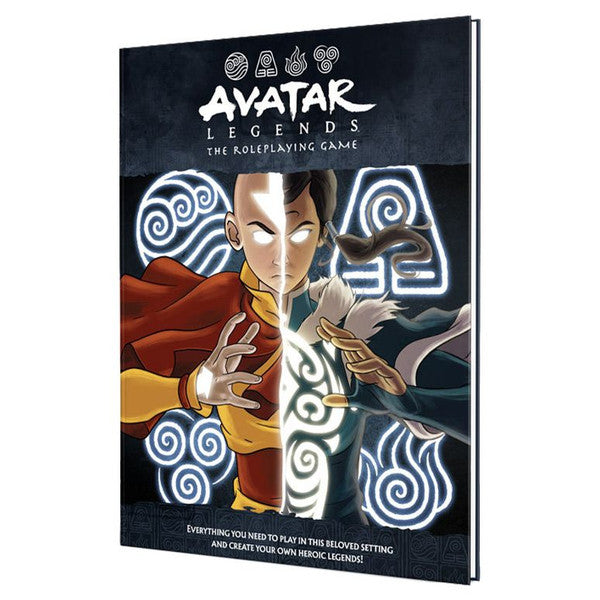 Avatar Legends The Roleplaying Game - Hardcover RPG book with dark cover featuring illustrated characters and glowing elemental symbols from Avatar Legends The.