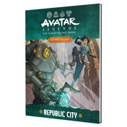 Avatar Legends RPG: Republic City - Green and teal RPG book cover featuring a mechanical suit and two characters in action poses, titled Avatar Legends Republic