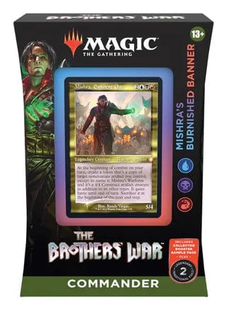 Magic: The Gathering - Brothers' War - Commander Deck - Mishra's Burnished Banner - The Gathering Brothers' War Commander Deck featuring Mishra's Burnished Banner card with black and green box art.