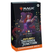 Magic: The Gathering - Outlaws of Thunder Junction Commander Deck - Most Wanted - The Gathering Commander Deck box featuring a red-haired woman with a fan in purple attire, surrounded by gold coins, titled.