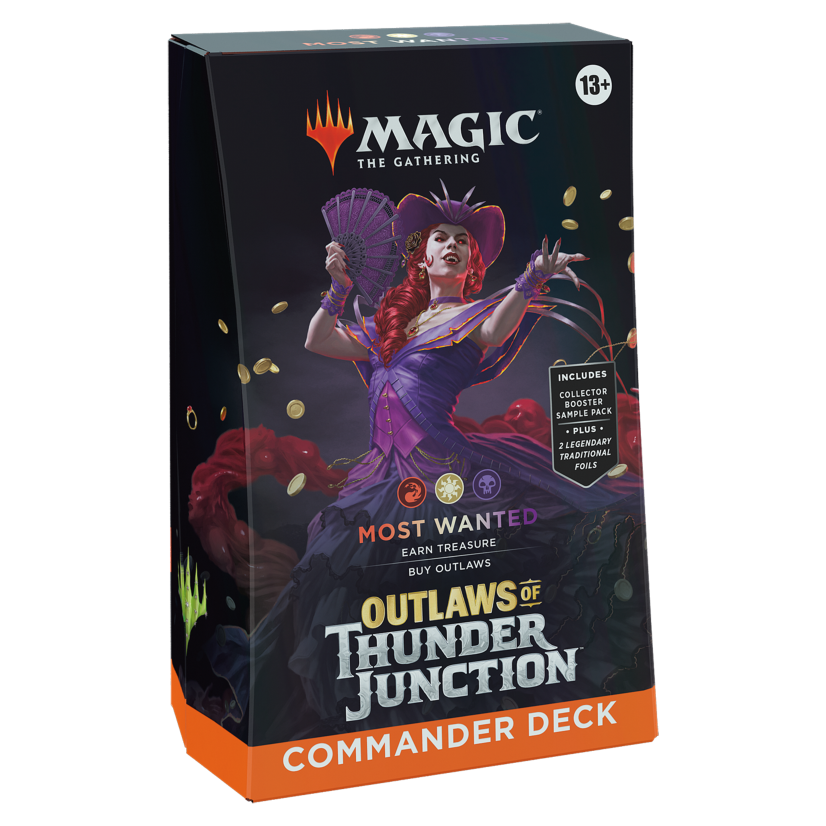 Magic: The Gathering - Outlaws of Thunder Junction Commander Deck - Most Wanted - The Gathering Commander Deck box featuring a red-haired woman with a fan in purple attire, surrounded by gold coins, titled.