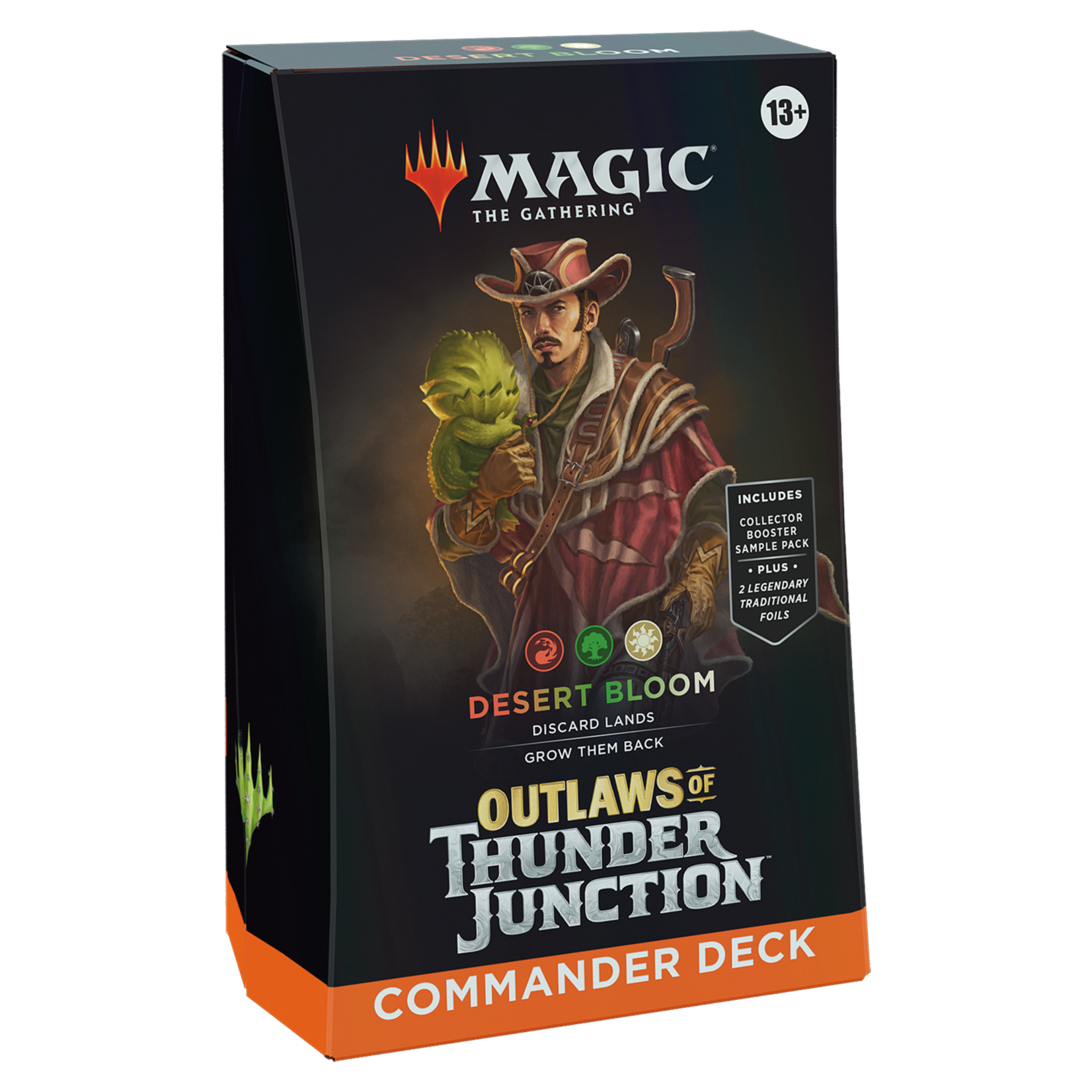 Magic: The Gathering - Outlaws of Thunder Junction Commander Deck - Desert Bloom - The Gathering Outlaws of Thunder Junction Commander Deck box featuring a cowboy and goblin art with dark desert tones and.